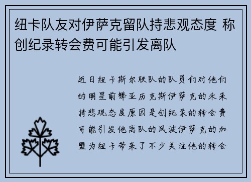 纽卡队友对伊萨克留队持悲观态度 称创纪录转会费可能引发离队