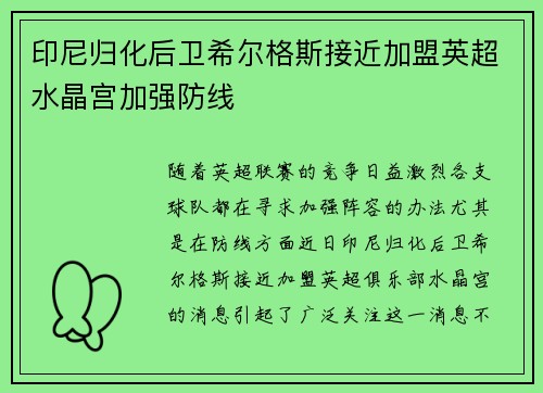 印尼归化后卫希尔格斯接近加盟英超水晶宫加强防线