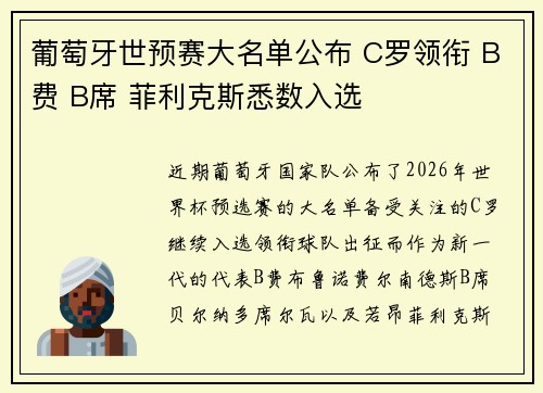 葡萄牙世预赛大名单公布 C罗领衔 B费 B席 菲利克斯悉数入选